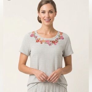 Savanna Jane Gray and White Cotton Striped ShortSleeveTop with Floral Embroidery